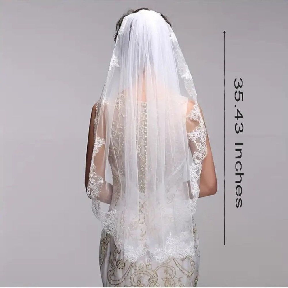 Embroidered Lace and Gems Edge Fingertip Bridal Wedding Veil White With Comb - Picture 5 of 8